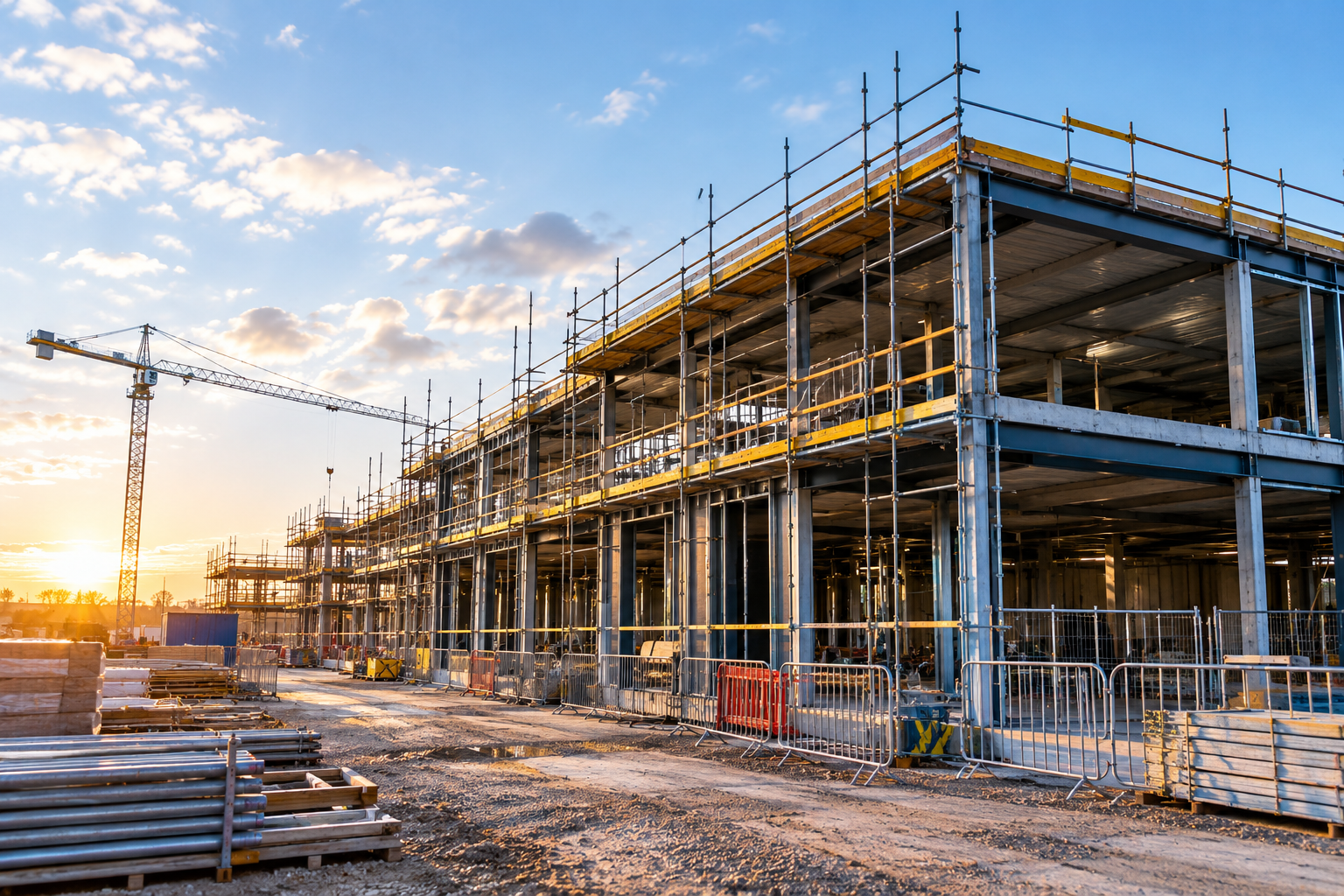 Steel-framed commercial building under construction at sunset, with scaffolding, barriers and a crane on site