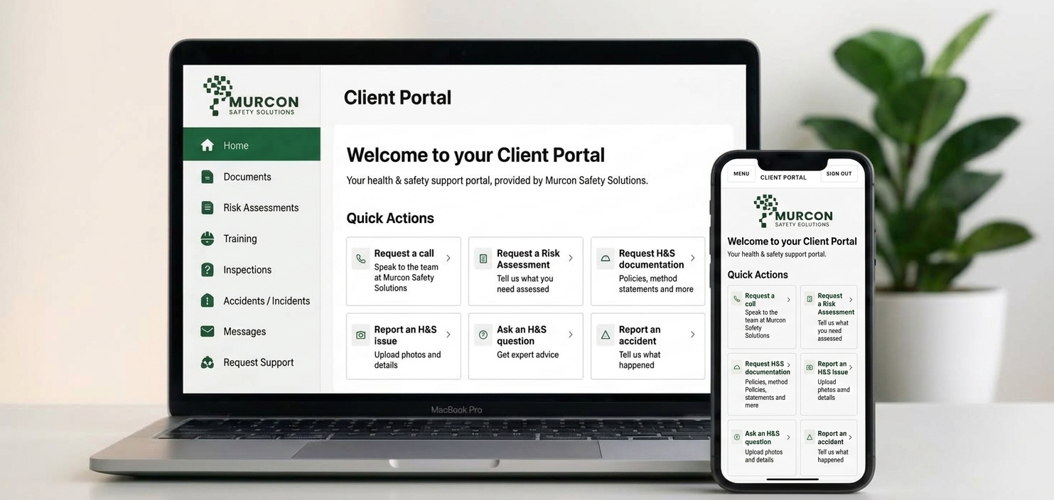 The Murcon Safety Solutions client portal shown on a laptop and a mobile phone